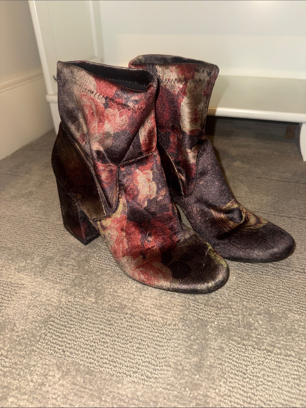 a new day Floral Velvet Block Heel Ankle Boots - Multicolor